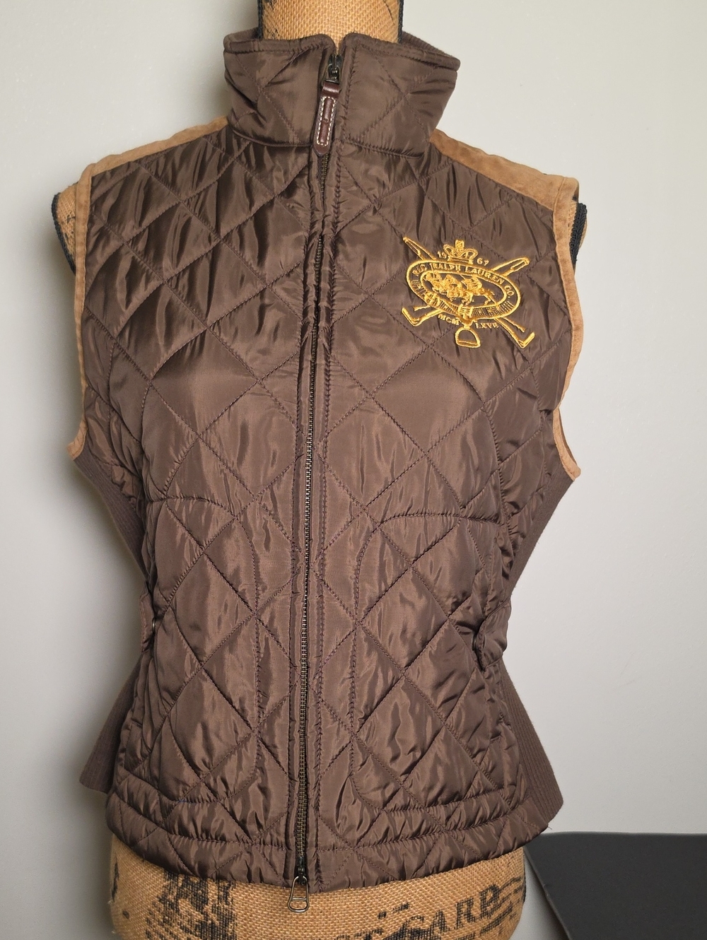 Ralph Lauren Quilted Brown Sleeveless Vest with Gold Crest